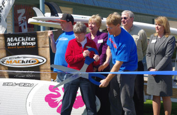 Ribbon cutting with the mayor for the grand opening of the MACkite Boardsports Center