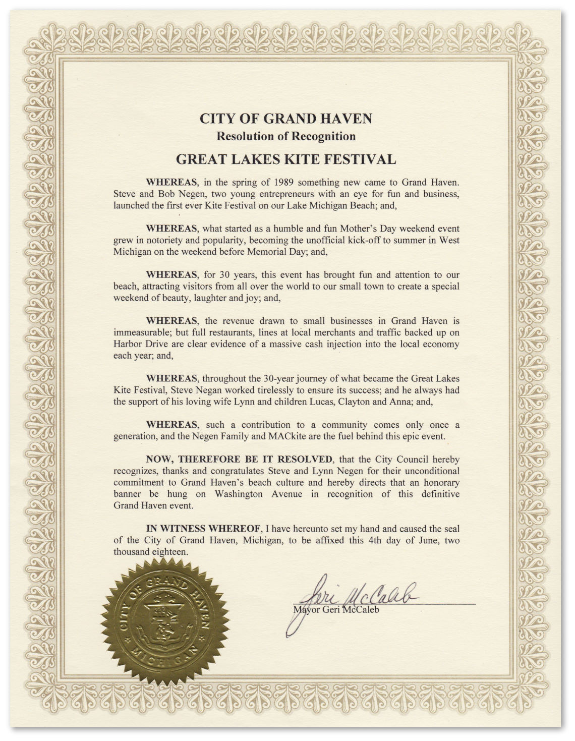 City of Grand Haven Resolution of Recognition for the Great Lakes Kite Festival